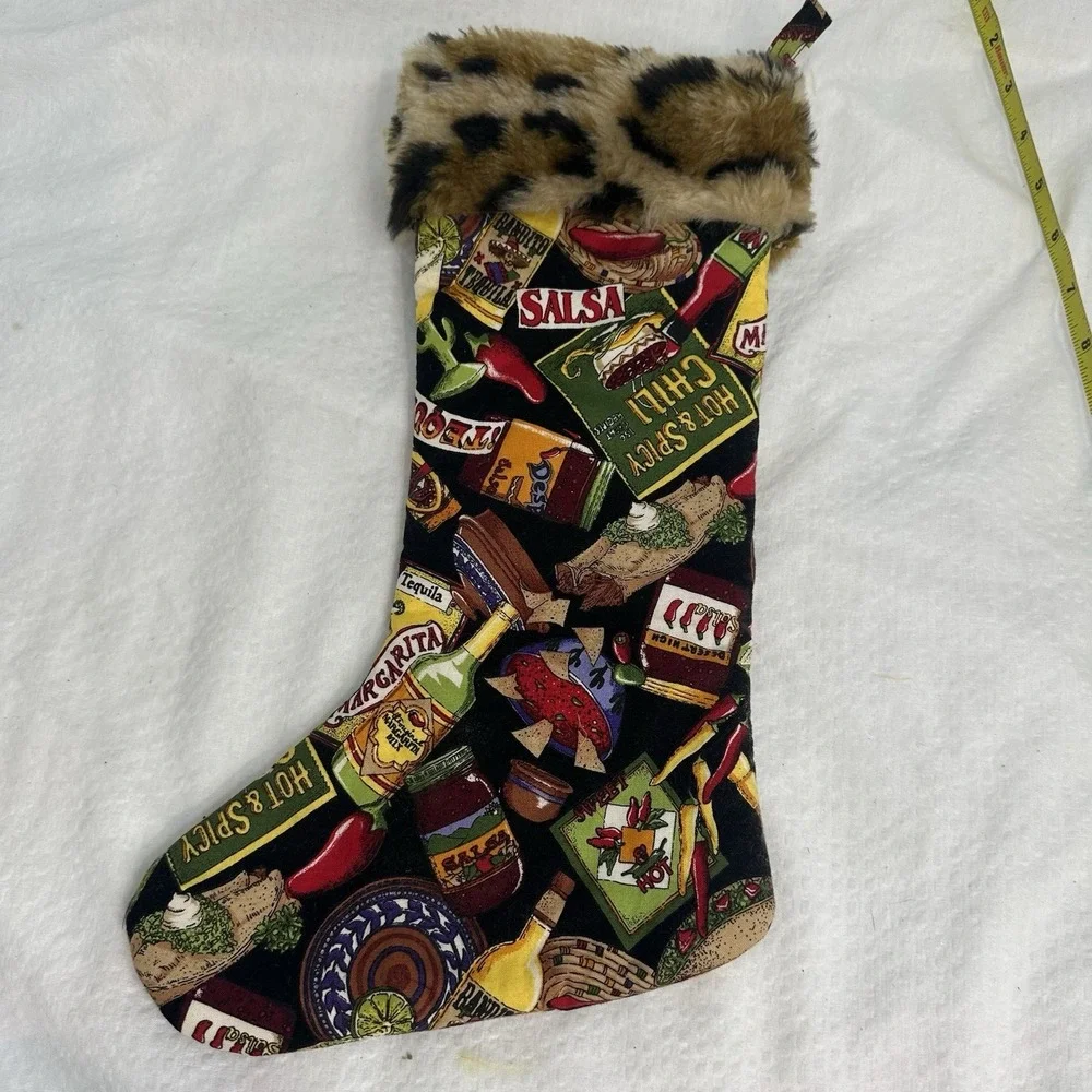 Christmas Stocking Chile Peppers Hot Salsa Tequila Spicy Faux Fur Trim Lined 14